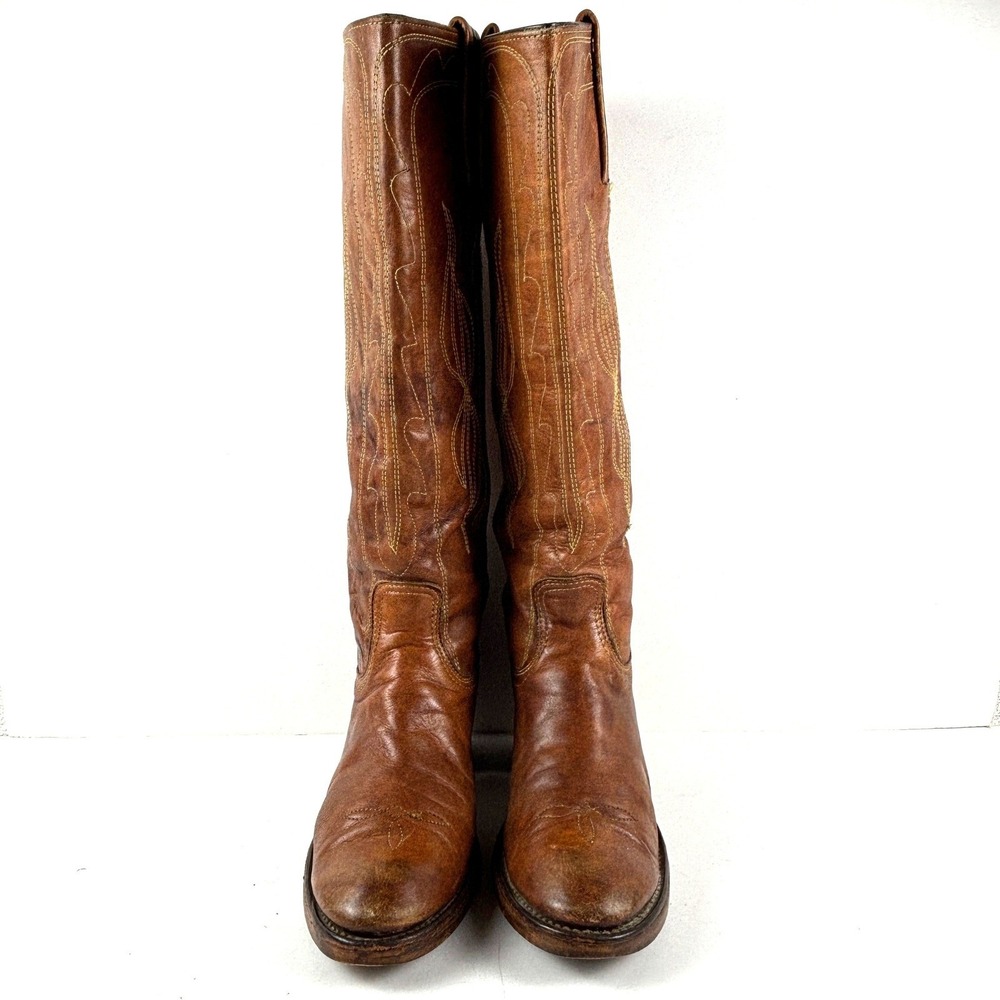 vtg FRYE Black Label Brown Leather Campus Boots Western Tall Block Heel Womens 8 - Picture 3 of 9